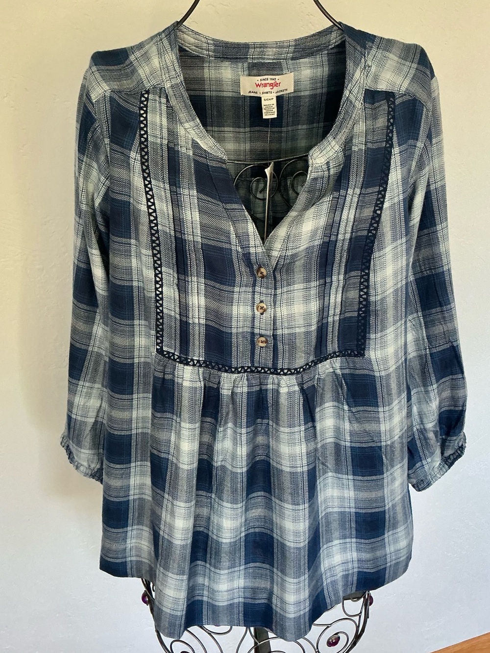 NWT Wrangler Blue Plaid Peasant Top